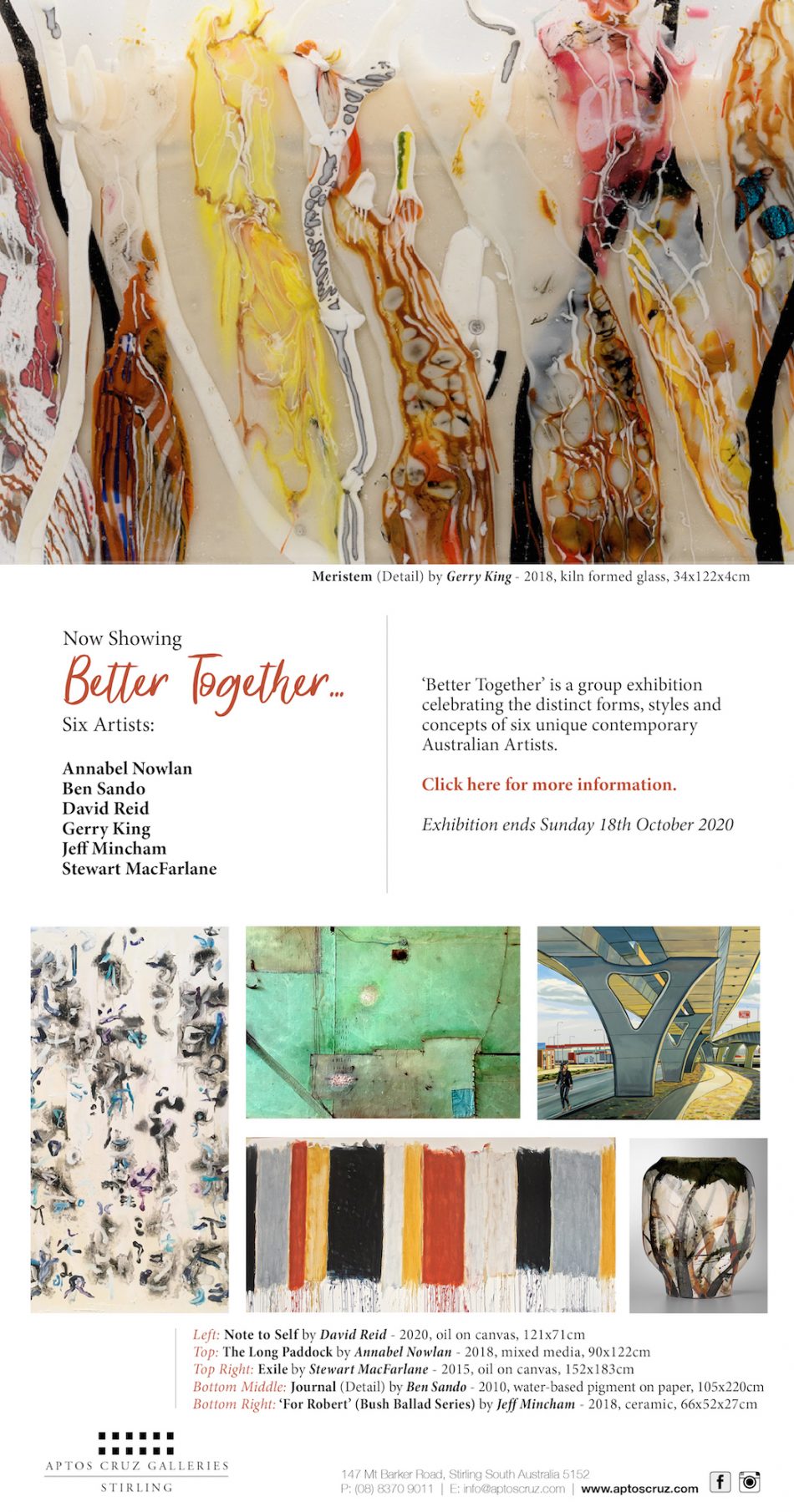 Better Together is a group exhibition featuring Annabel Nolan, Ben Sando, David Reid, Gerry King, Jeff Mincham and Stewart MacFarlane
